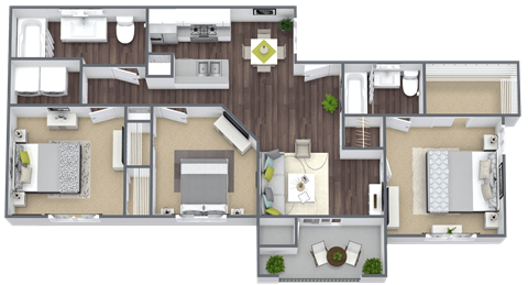 Floor plan for 3 beds, 2 baths, 1084 sqft